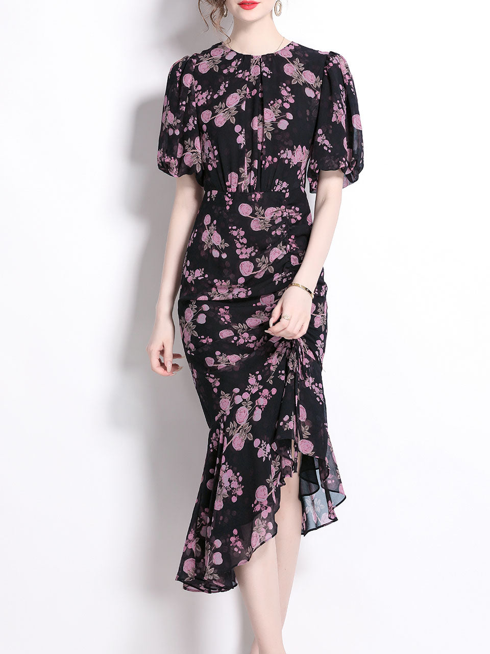 Black Crew Neck Puff Sleeves Floral Print Bodycon Dress