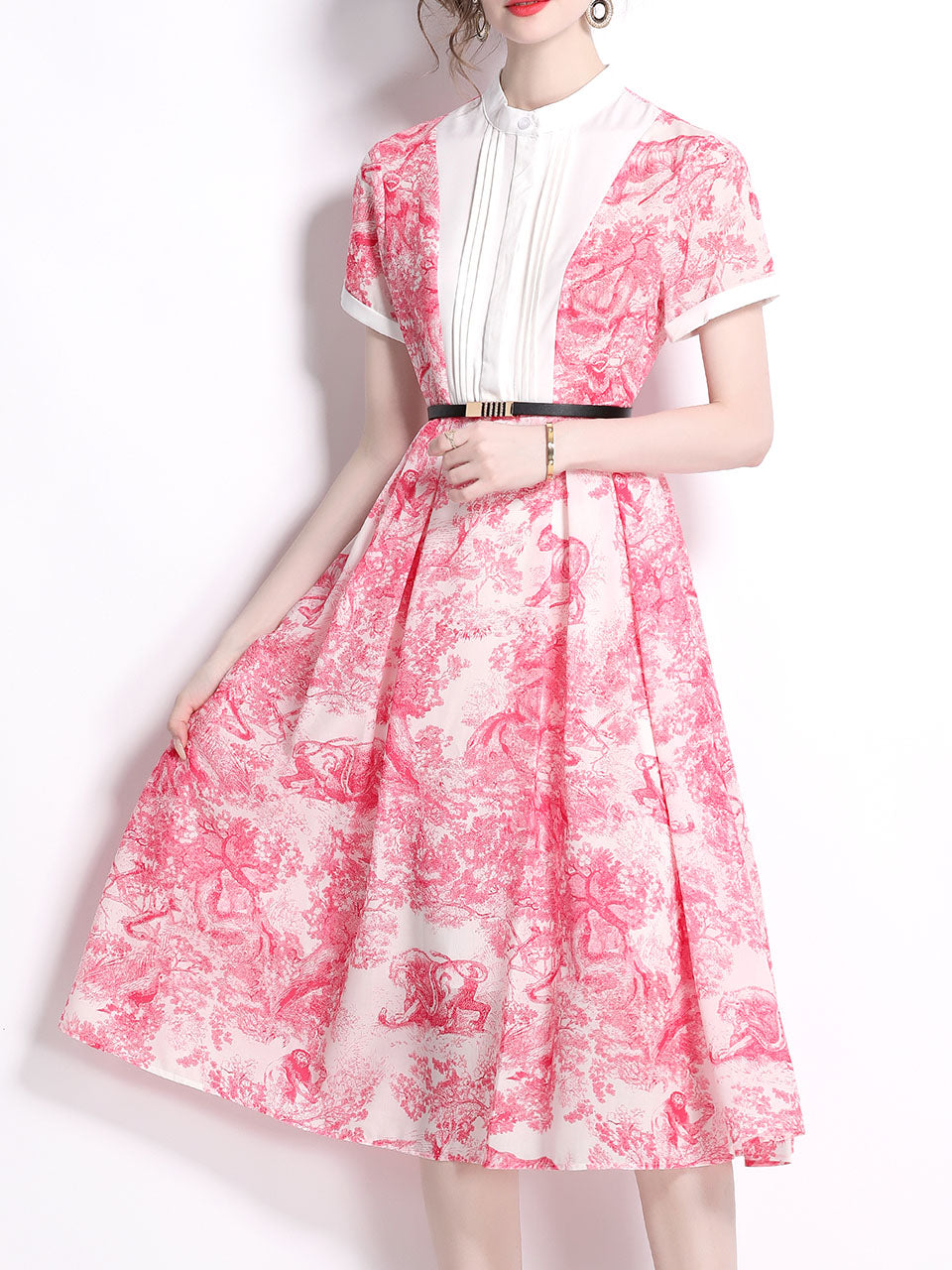 Pink Romantic Print Stand Collar Vintage Swing Dress