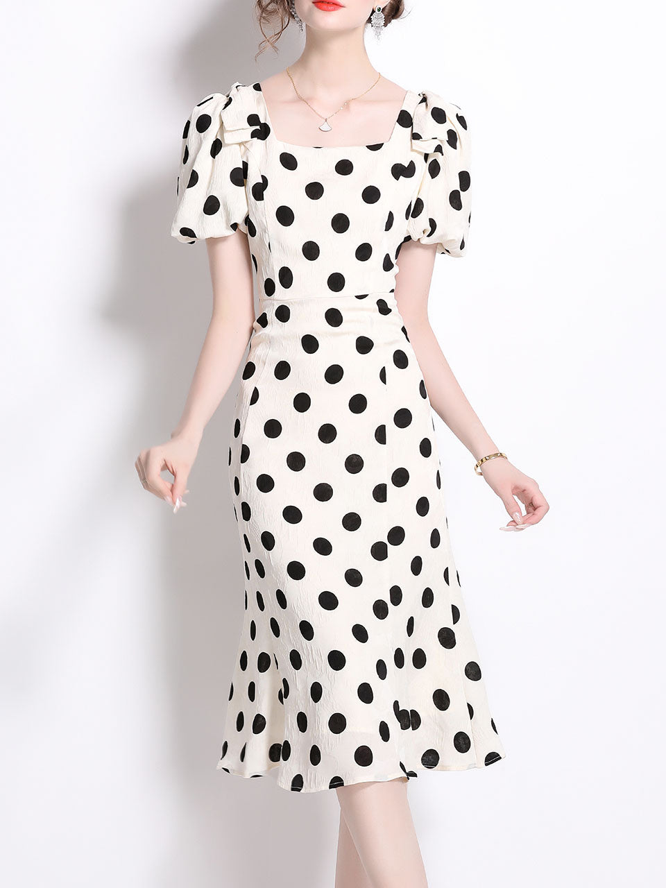 Black Polka Dots Vintage Puff Sleeves Bodycon Dress