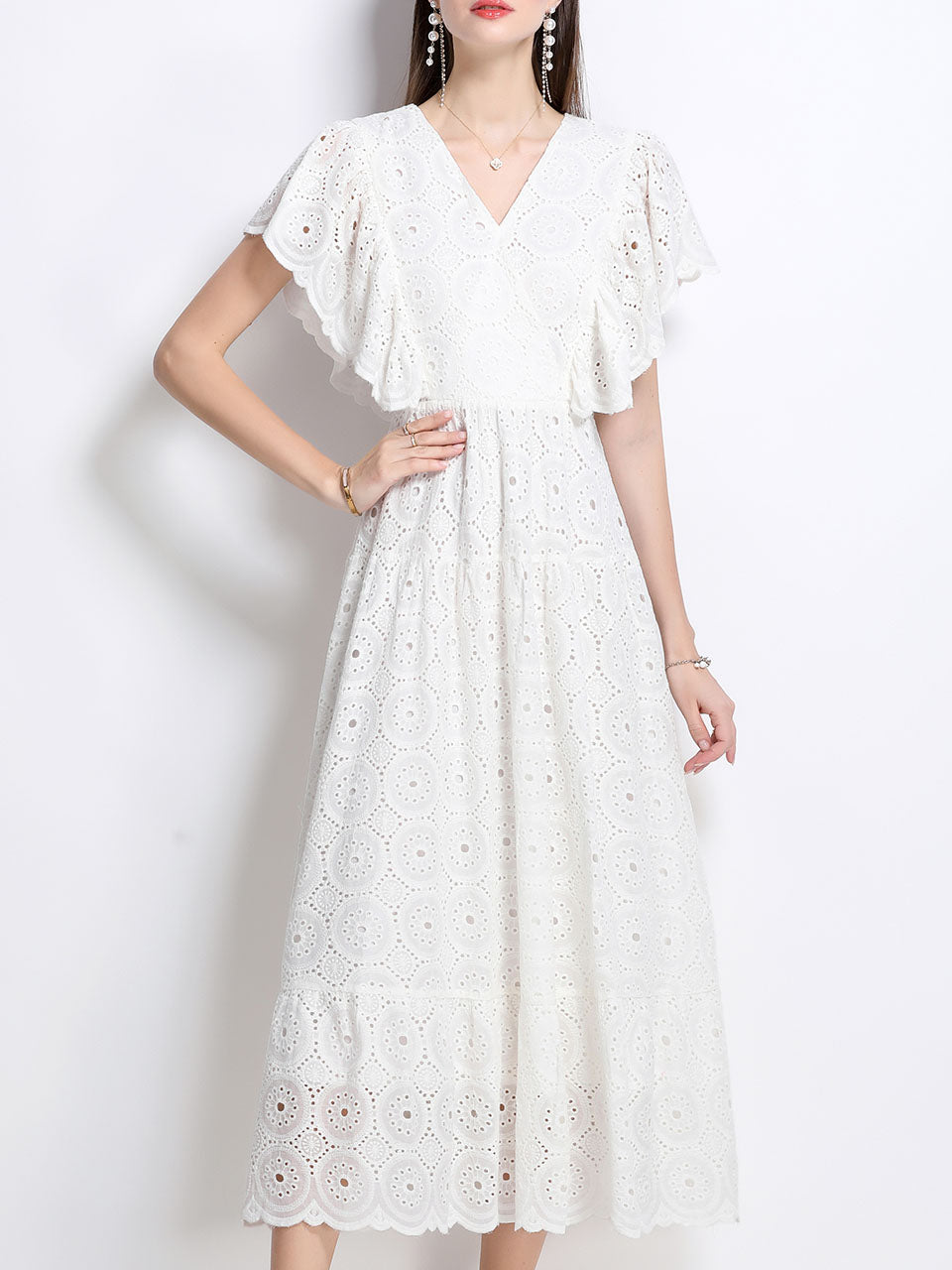 Embroidered Openwork V Neck Ruffles Maxi Dress