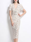 White V Neck Bow Short Sleeve 1950S Vintage Lace Bodycon Dress