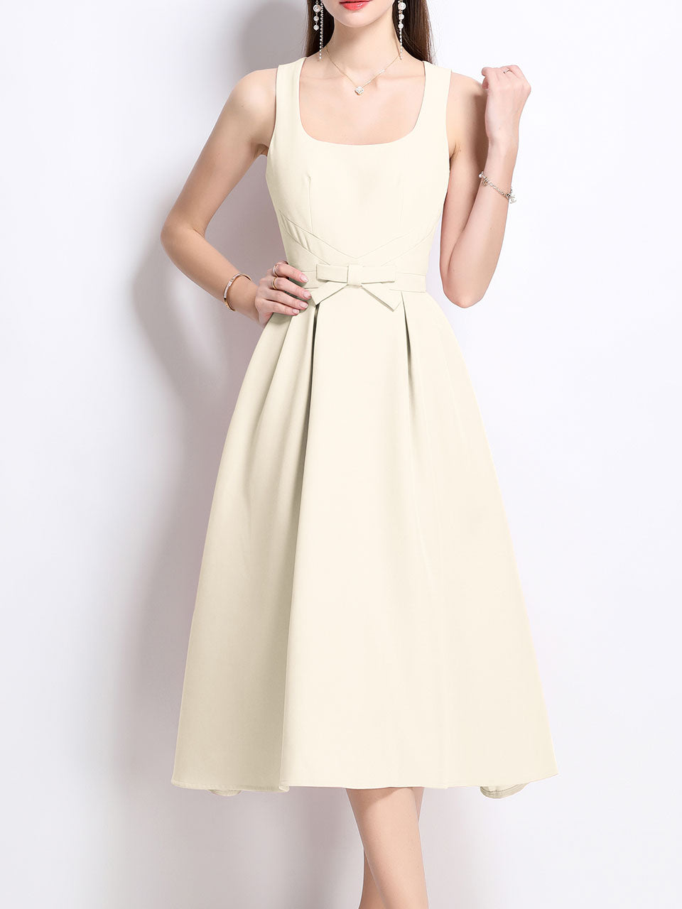 Pink Satin U Neck Sleeveless Bow 1950S Vintage Sweet Party Dress