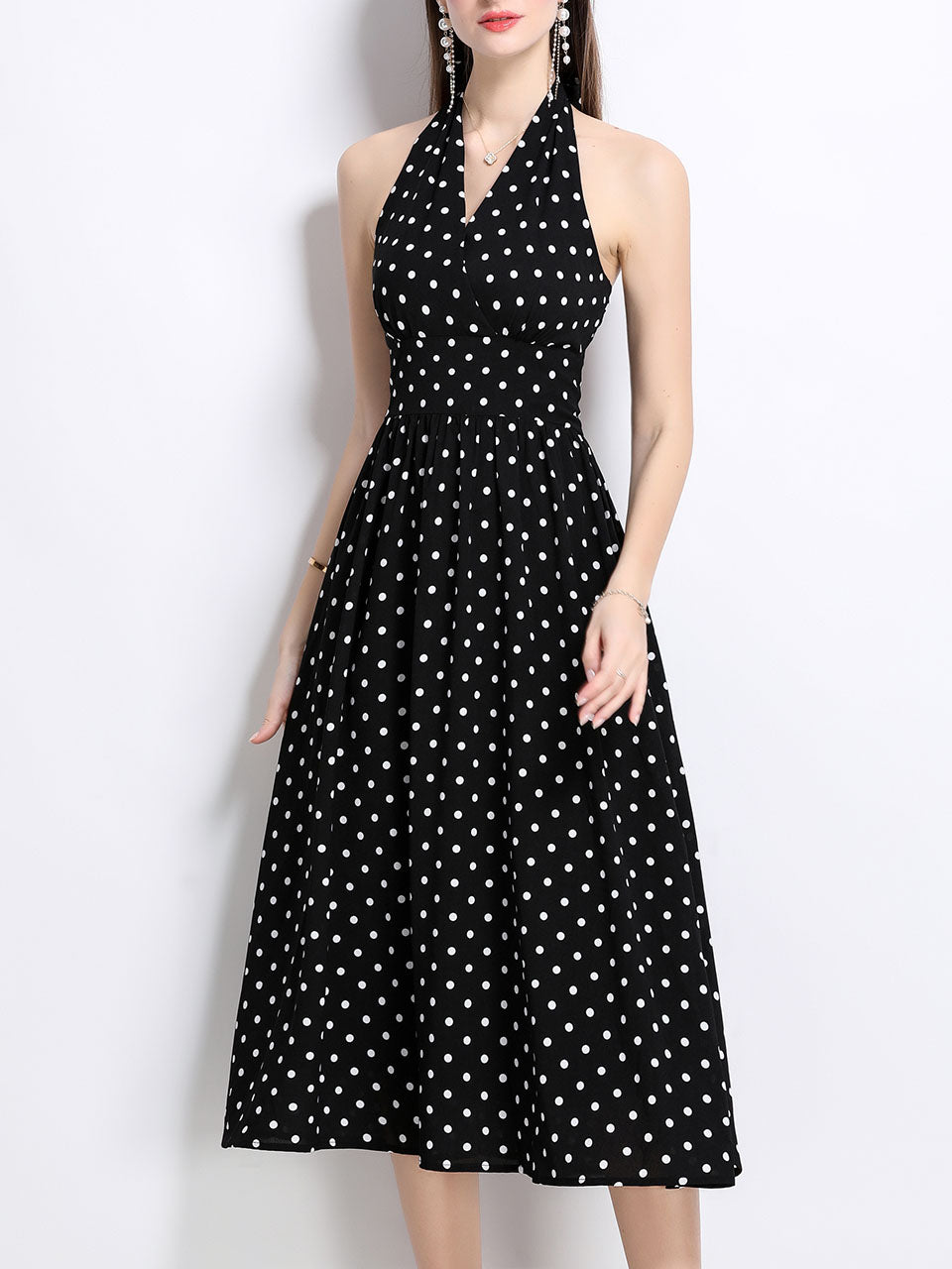 1950S Hepburn Style Outfits Polka Dots Halter Swing Dress