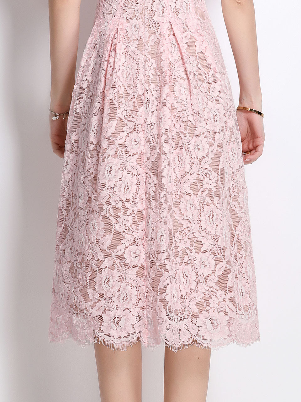 Pink Crew Neck Short Sleeve Classic 1950S Vintage Lace Dress
