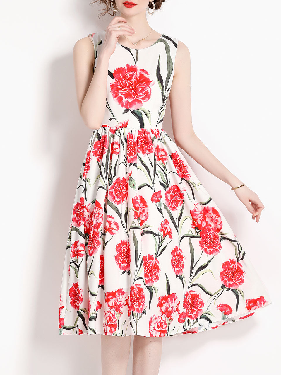 White Flower Print Sleeveless High Waist Swing Vintage Dress