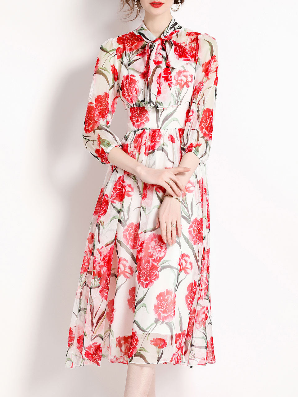 White Flower Print Long Sleeve High Waist Swing Vintage Dress