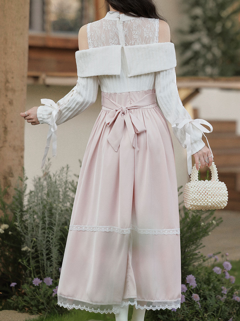 Sweetheart Pink Cold Shoulder Lace Long Sleeve Vintage Dress