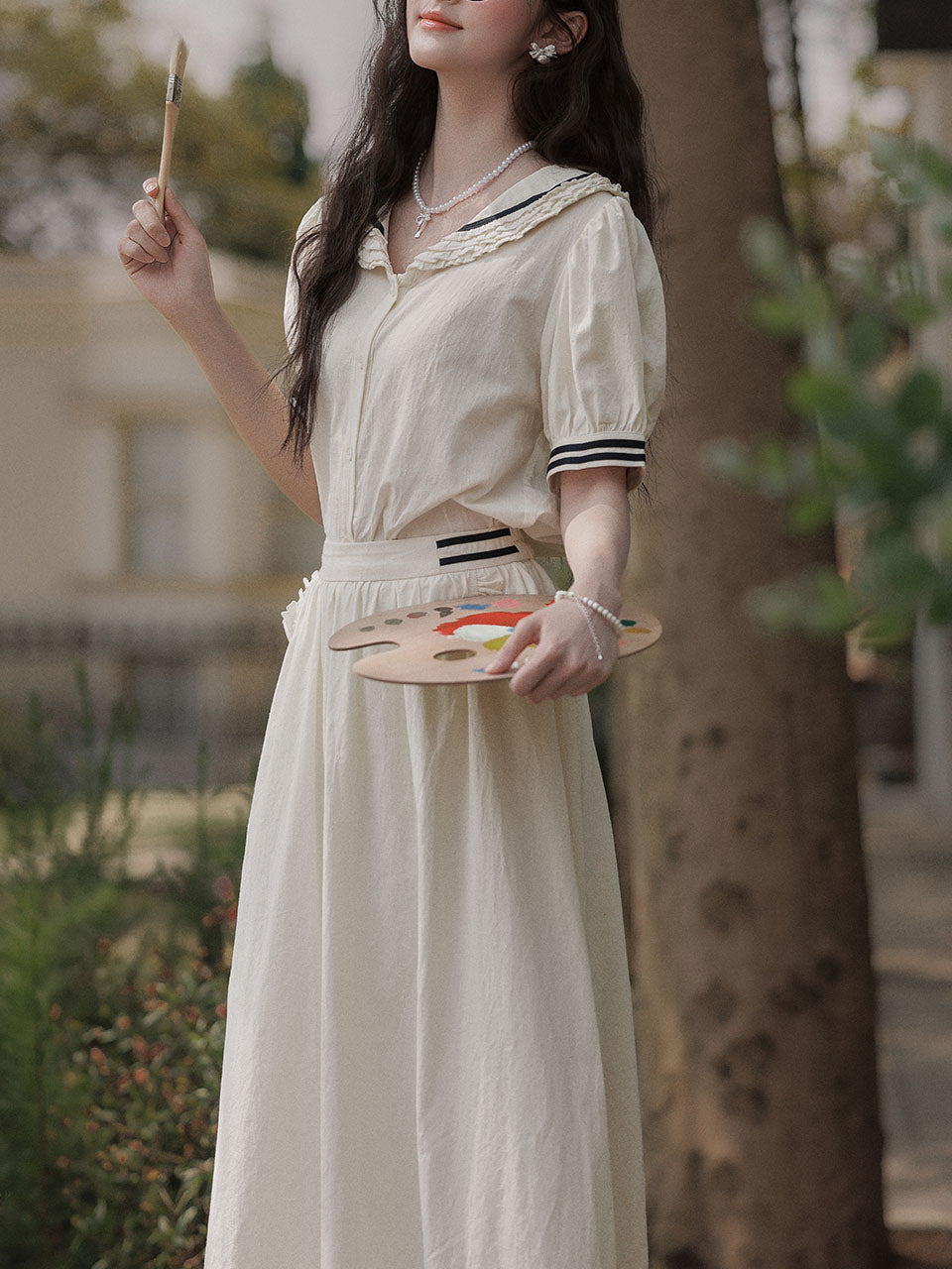 White Sailor Style Top and Skirt Set 2 Piece Matching Outfit for Women