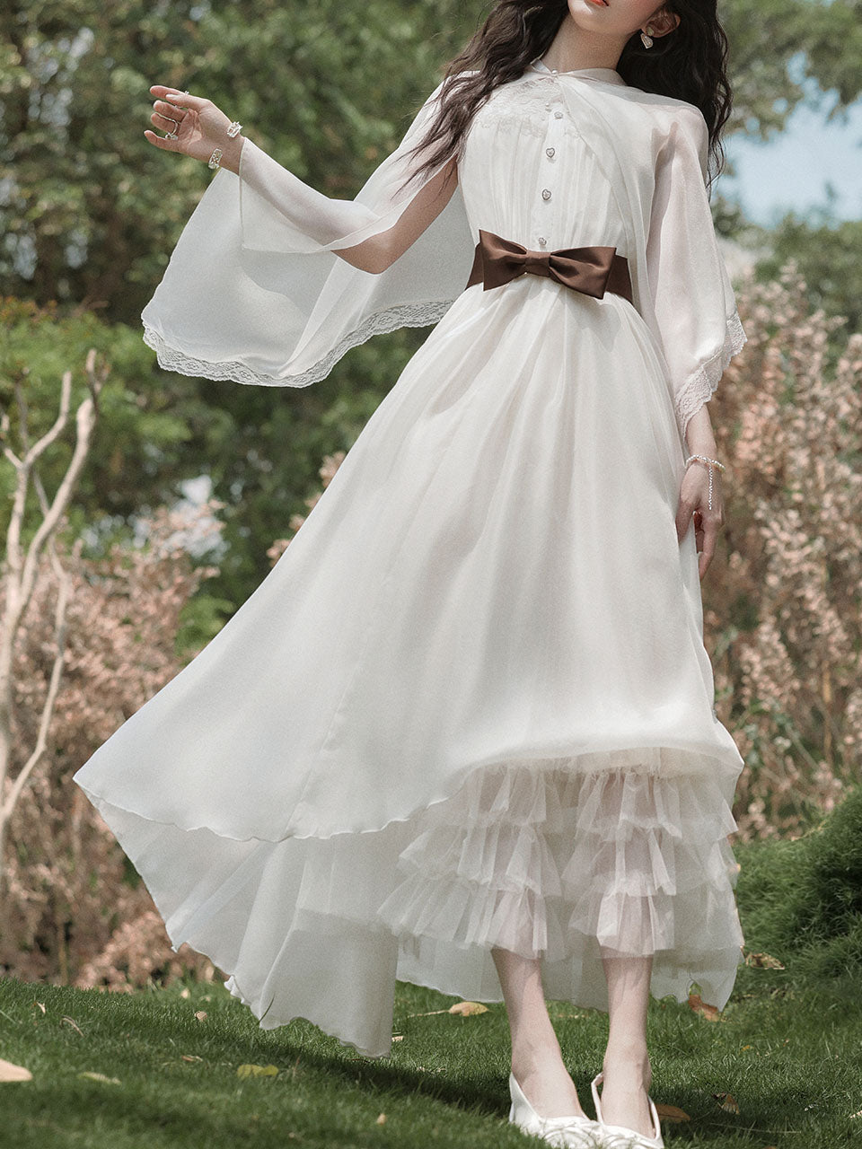 2PS White Lace Chiffon Cape Vintage Dress Set