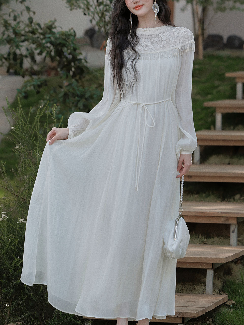 Vintage White Lace Fringe Flowing Boho Wedding Maxi Dress