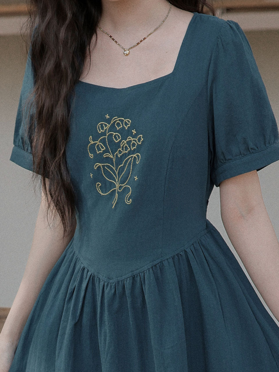 Peacock Blue Bluebell Embroidered Vintage Dress