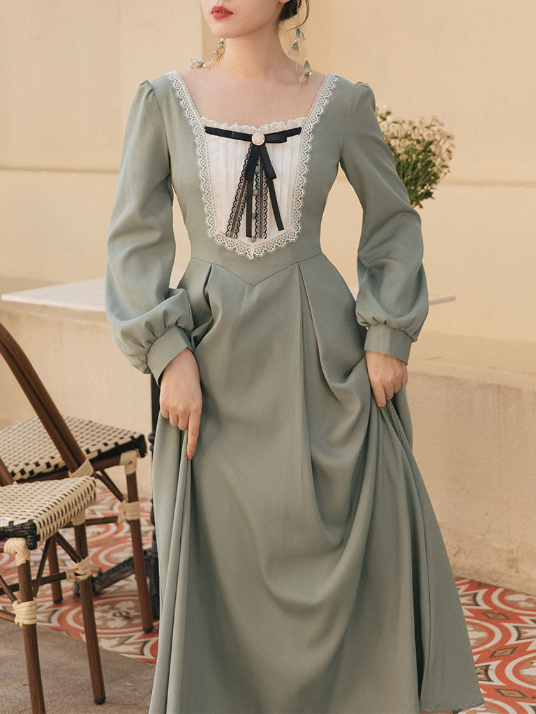 Light Green Long Sleeve Ruffles Evdwardian Revival Dress