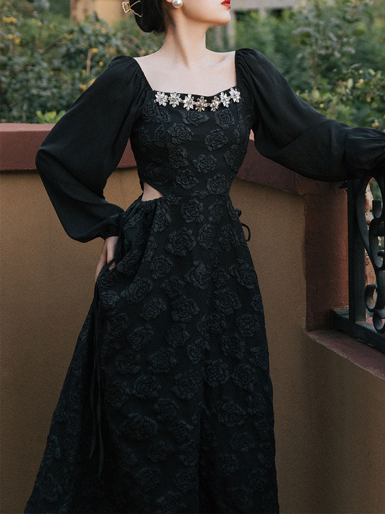 Black Glass Diamond Rose Jacquard Hollow-carved Dress 1950S Hepburn Style Outfits