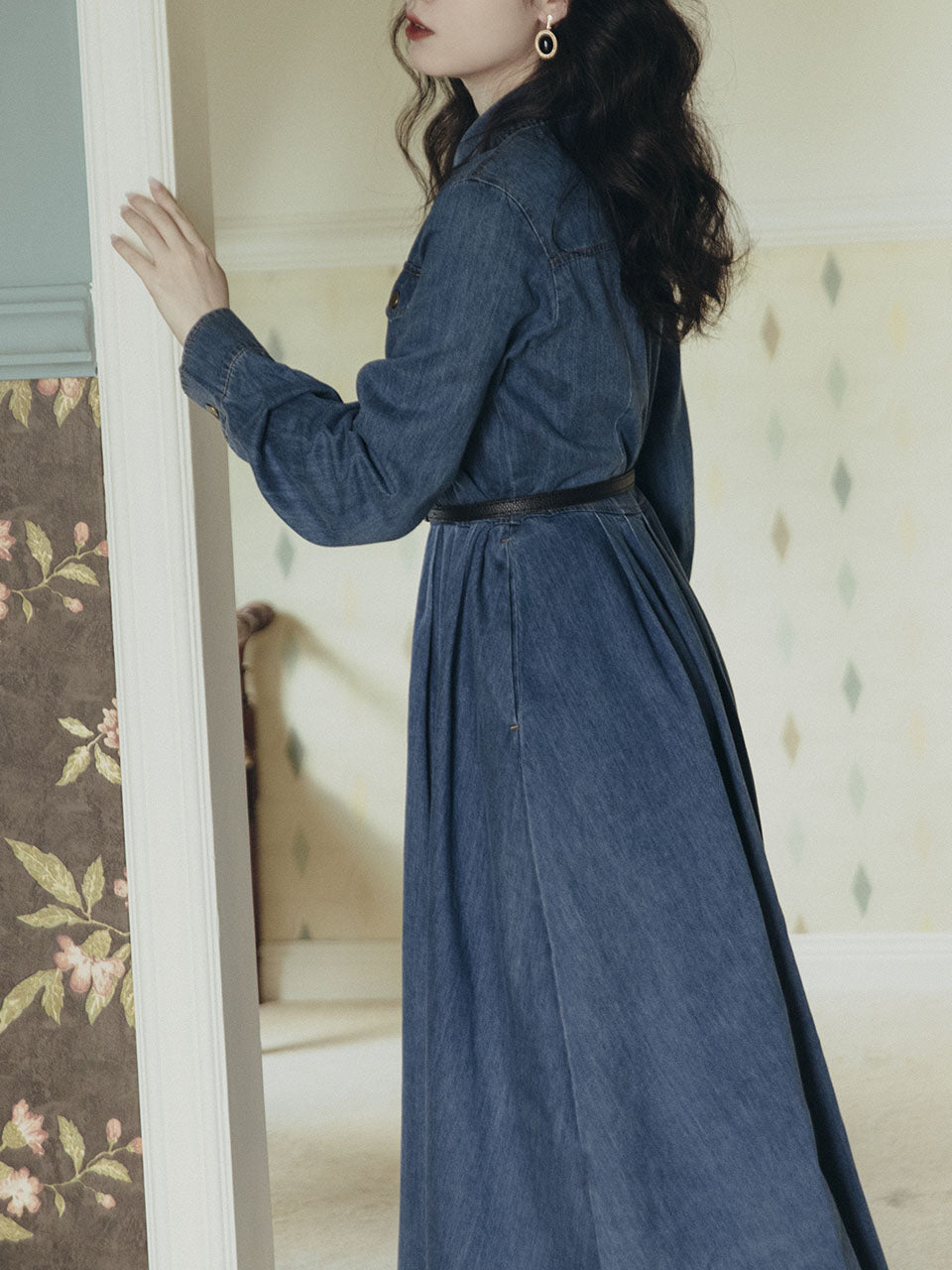 Denim Lapel Long Sleeve 1950S Swing Vintage Dress