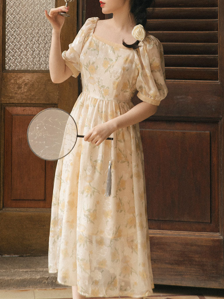 Yellow Floral Print Vintage Dream 1950S Graden Dress