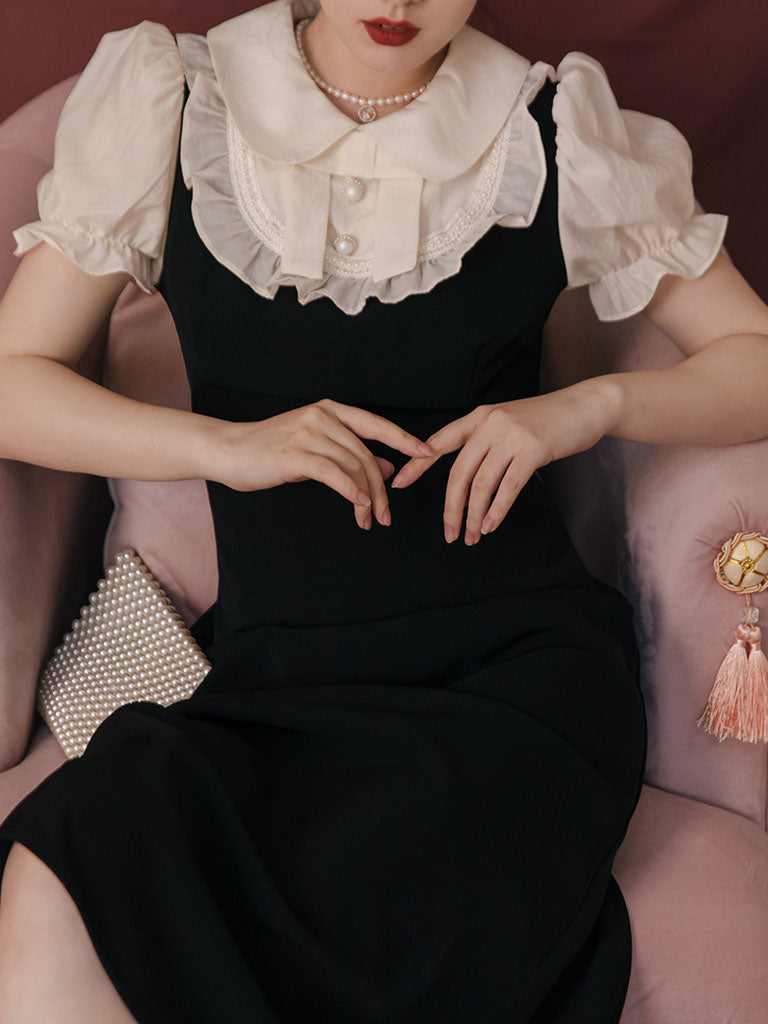 Black Peter Pan Ruffles Puff Sleeve Audrey Hepburn 1950S Dress