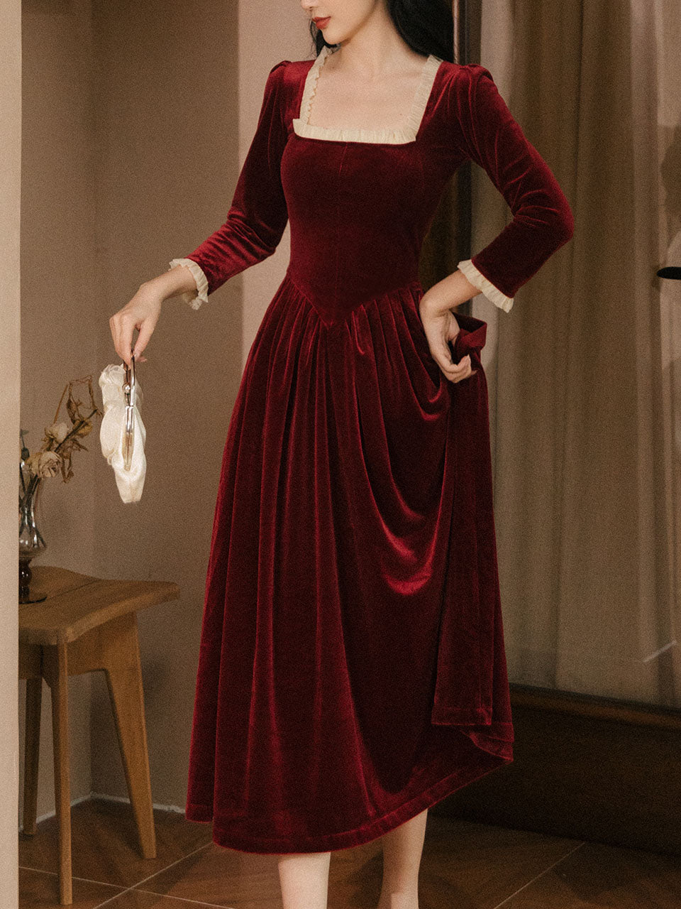 Red Square Collar White Lace Velvet 1950S Hepburn Style Vintage Dress