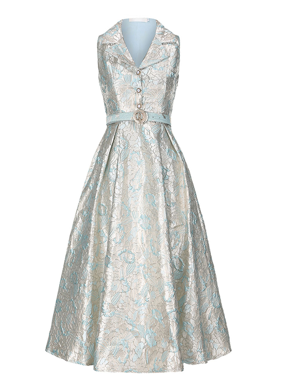 Blue Audrey Hepburn Style Sleeveless Vintage 3D Floral Jacquard Vintage Party Gown