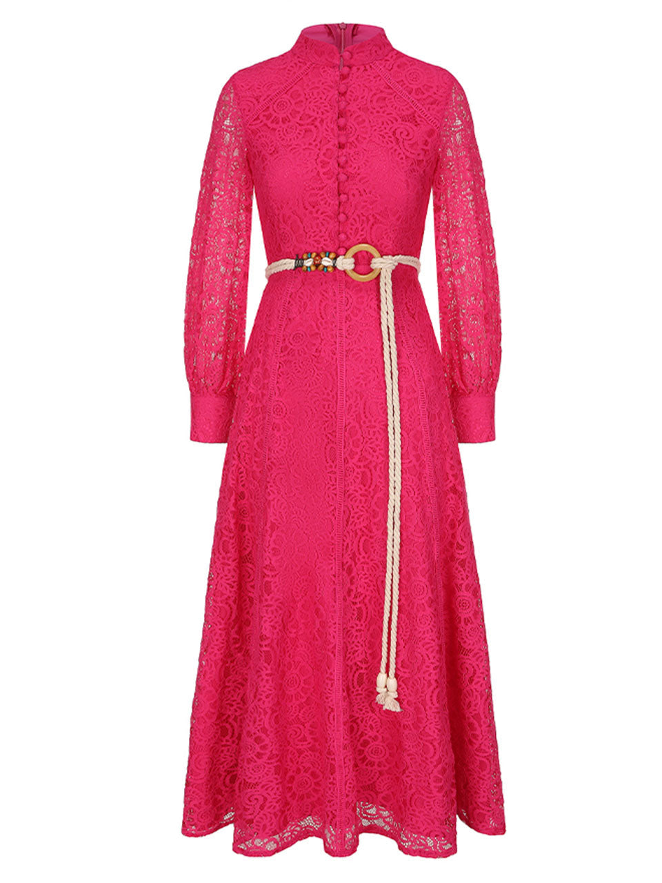 Blue Edwardian Lace Stand Collar Long Sleeve Maxi Dress