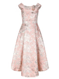 Pink Luxury 3D Rose Jacquard Off The Shoulder 1950s Vintage Party Gown