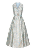 Blue Audrey Hepburn Style Sleeveless Vintage 3D Floral Jacquard Vintage Party Gown