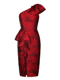 Red Jacquard One Shoulder Ruffle Bodycon Dress
