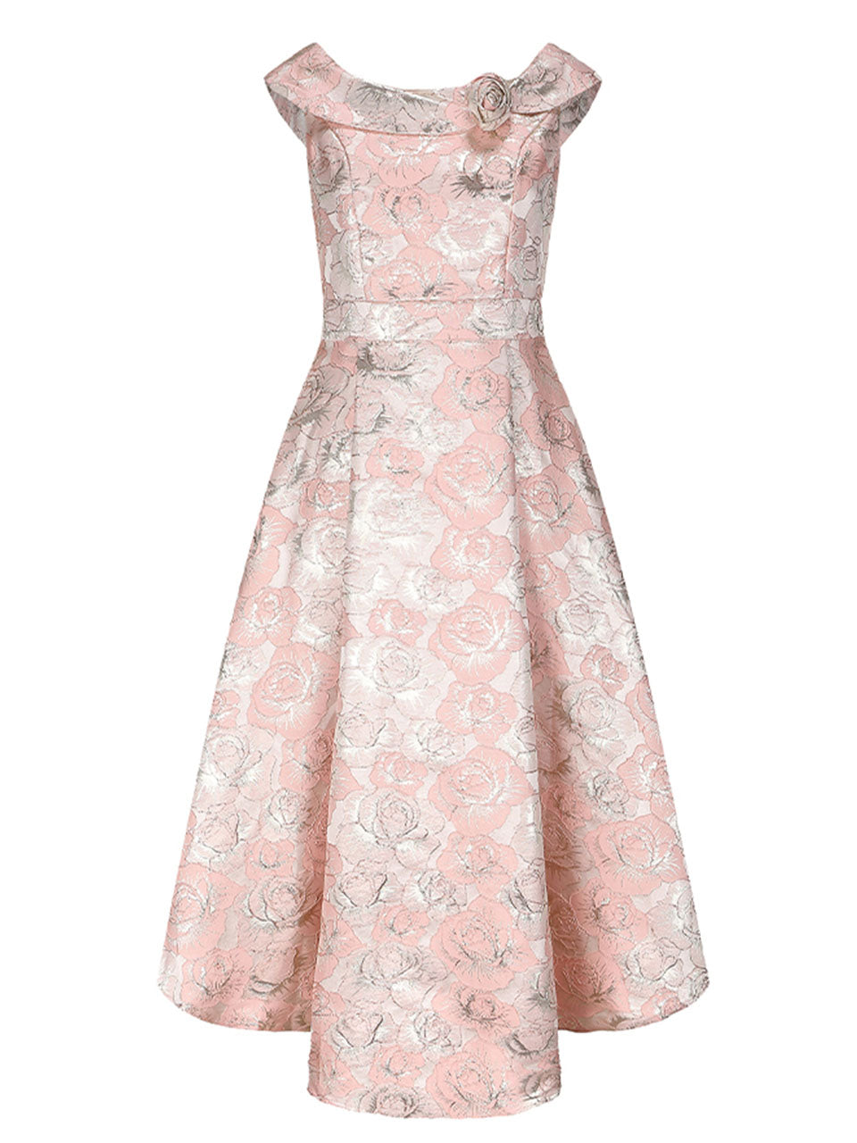 Pink Luxury 3D Rose Jacquard Off The Shoulder 1950s Vintage Party Gown
