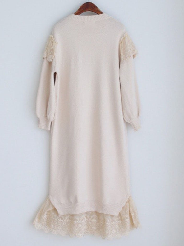 Embroidered Flower Puff Sleeve Vintage Knitting Sweater Dress