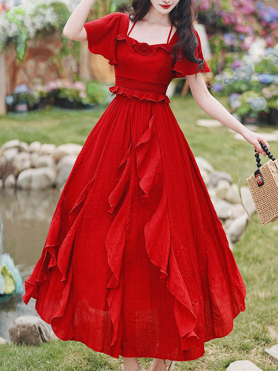 2PS Red Rose Ruffles Spaghetti Strap Top and High Waist Swing Dress Set