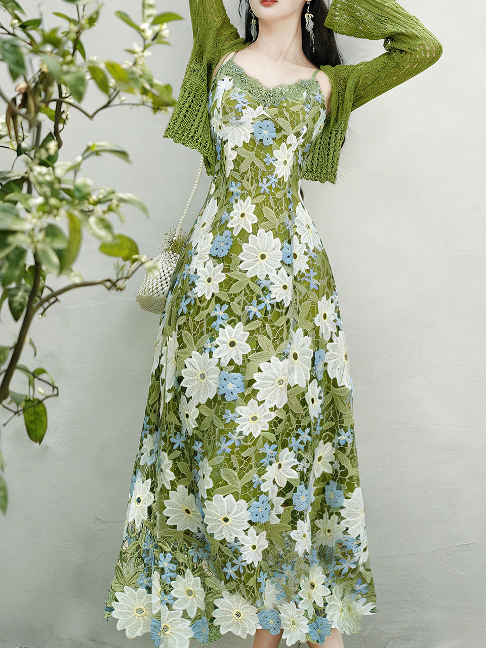 Green Floral Embroidered Lace Maxi Dress Prom Dress