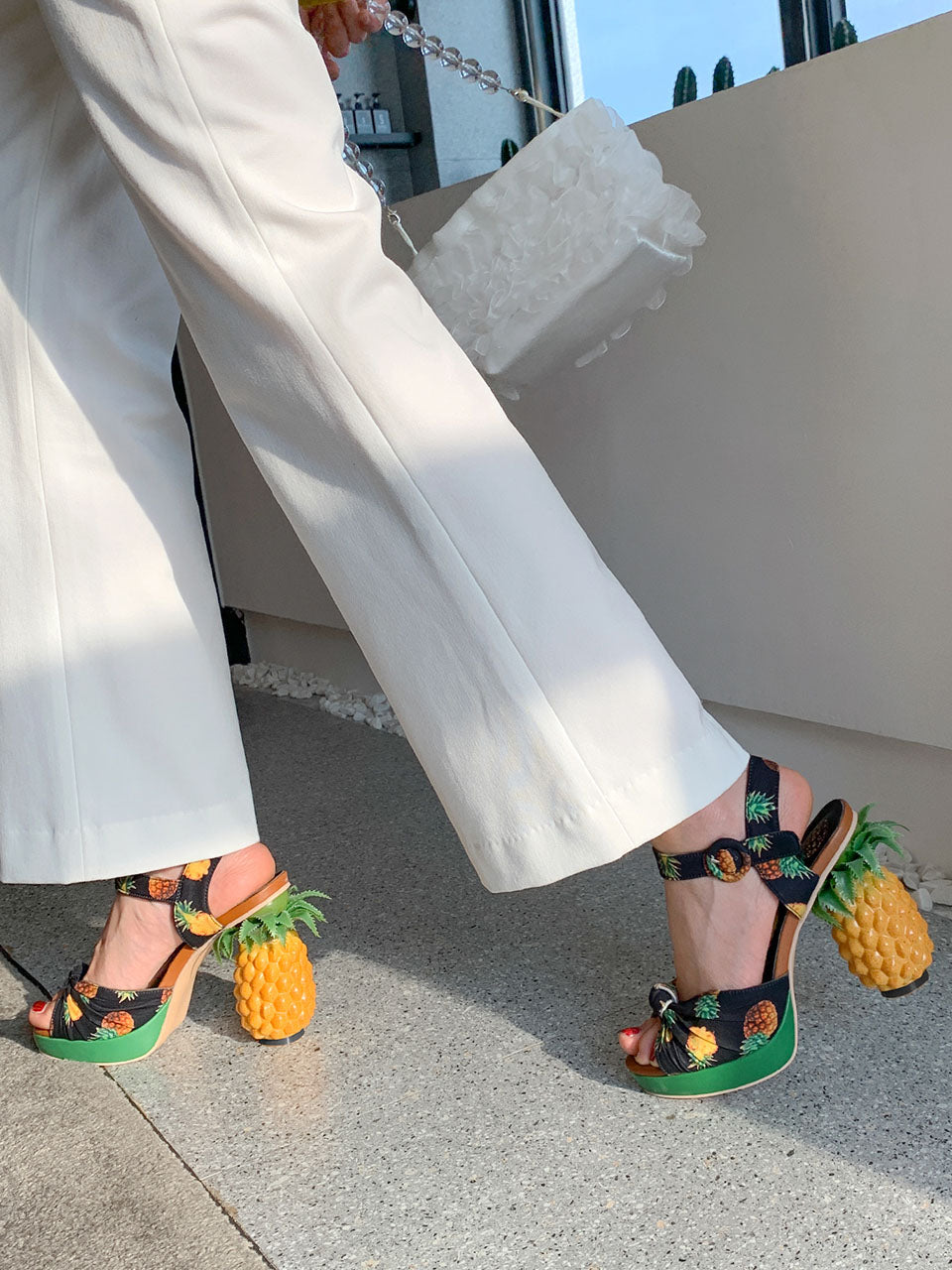Fruit Heel Pineapple Print Platform Bow Vintage Sandals