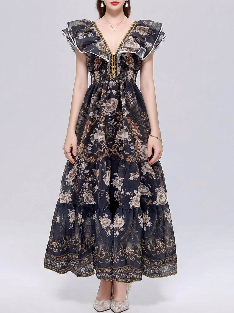 Dark Boho Floral Printed Chiffon V-Neck Ruffled Summer Beach Maxi Dress