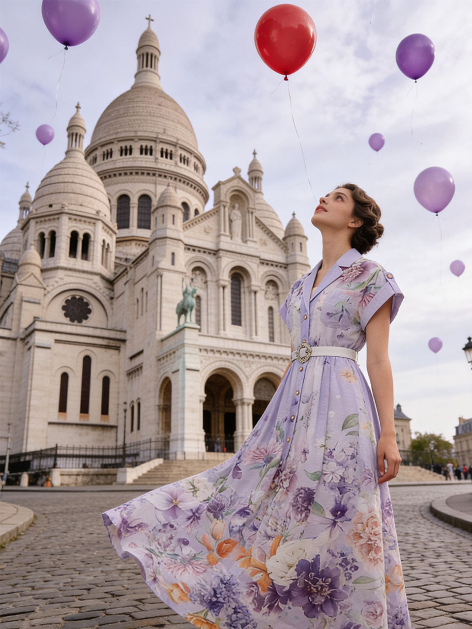 Short Dolman Sleeve Purple Floral Print Midi Dress