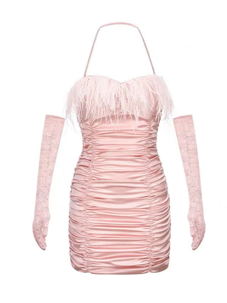 Pink Spaghetti Strap Feather Satin Pleated Gown Party Dress