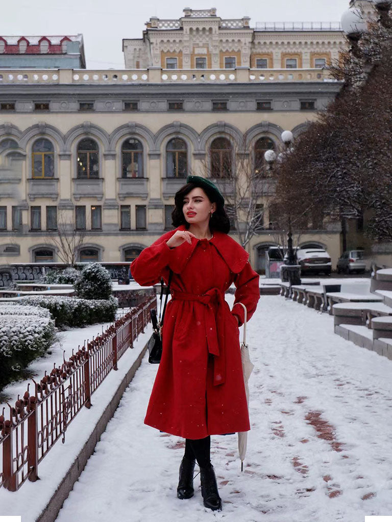 Christmas Red Winter Coat Long Sleeve PeterPan Collar
