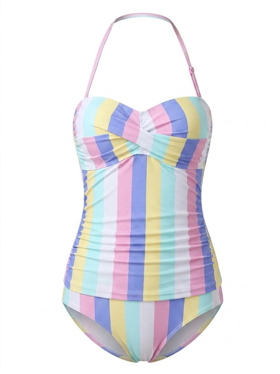 Vintage Inspired Pastel Striped High-Waisted Bikini Set