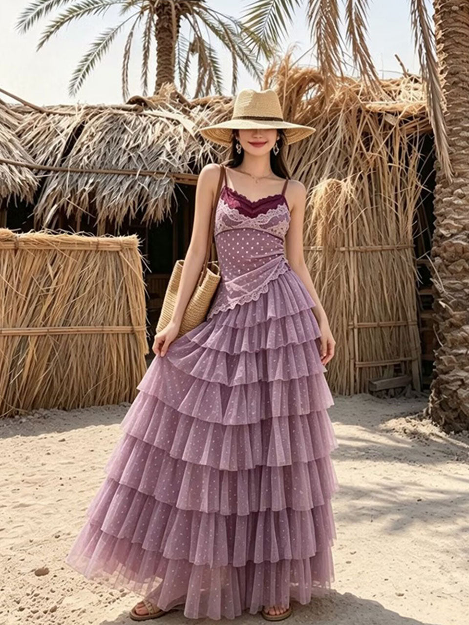 Purple Bohemian Polka Dots Camisole Top and Maxi Skirt Set