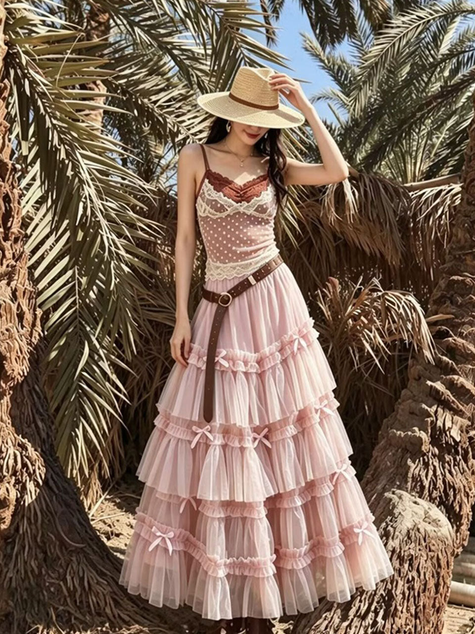 Pink Bohemian Polka Dots Camisole Top and Maxi Skirt Set