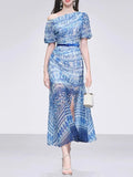 Blue One Shoulder Lantern Sleeve Printed Fishtail Vintage Dress