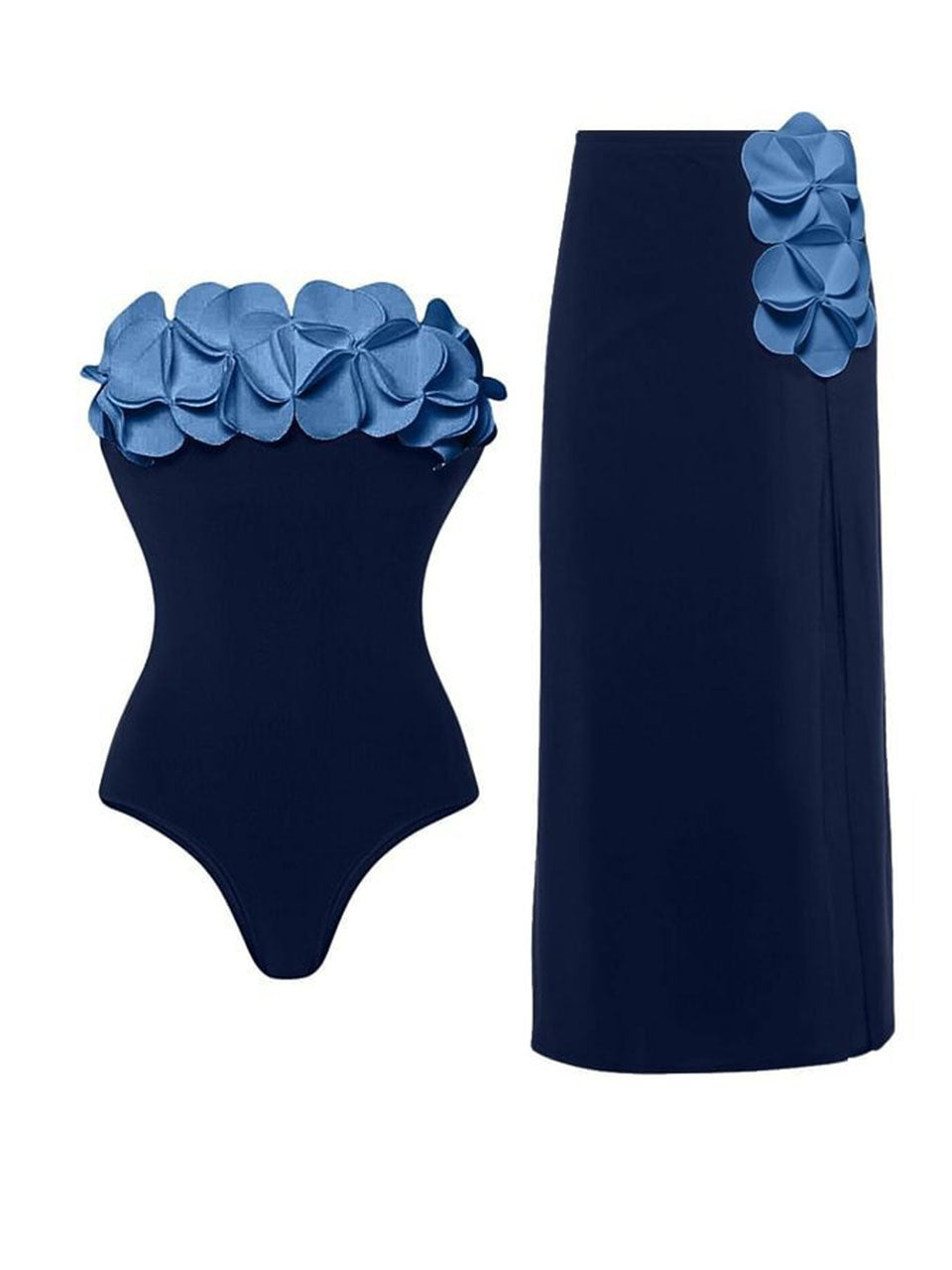 Navy Style Strapless Floral Petal Swimsuit Monokini and Side Slit Beach Maxi Skirt Set