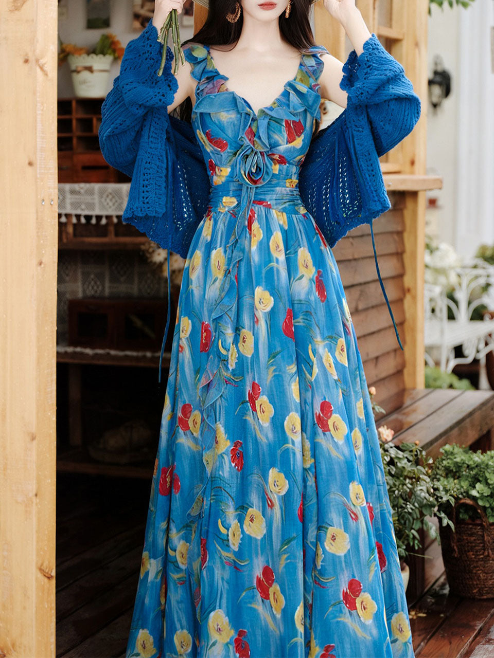2PS Blue Floral Print V-Neck Ruffles Maxi Dress