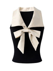 1950s Black and White Contrast Collar Bow Blouse Retro Vintage Top