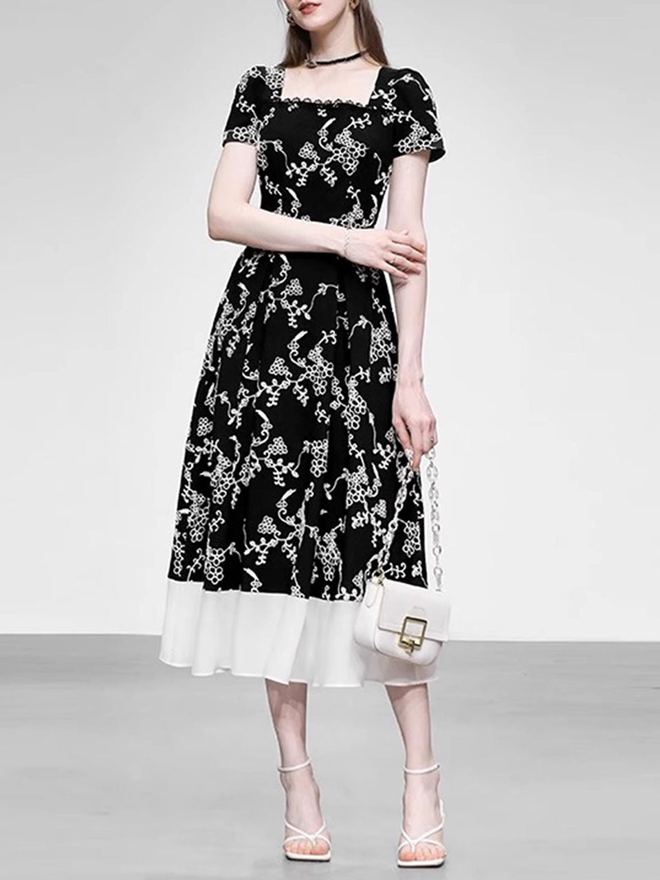 Black Square Collar Embroidered Flower 1950S Vintage Dress