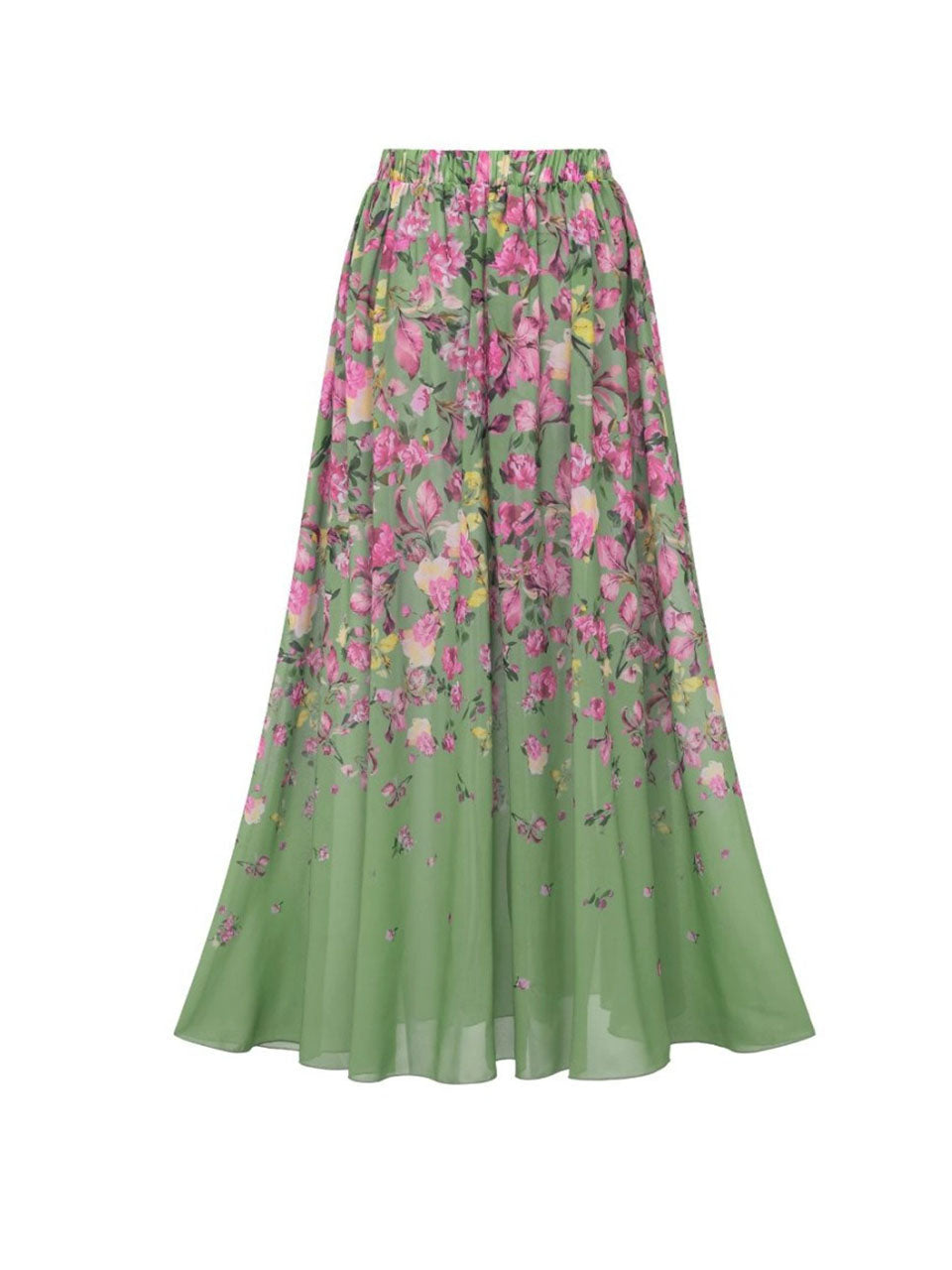 2PS Sage Green Vintage Lantern Sleeve Flower Print Monokini and Flowy Beach Long Skirt Swimsuit Set