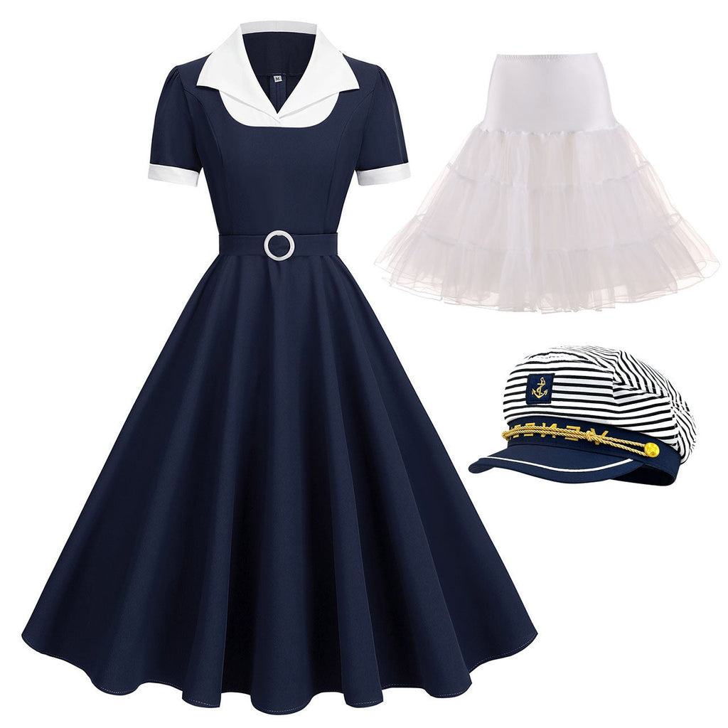 Sweet Navy Sailor Collar Short Sleeve Swing Vintage Dress
