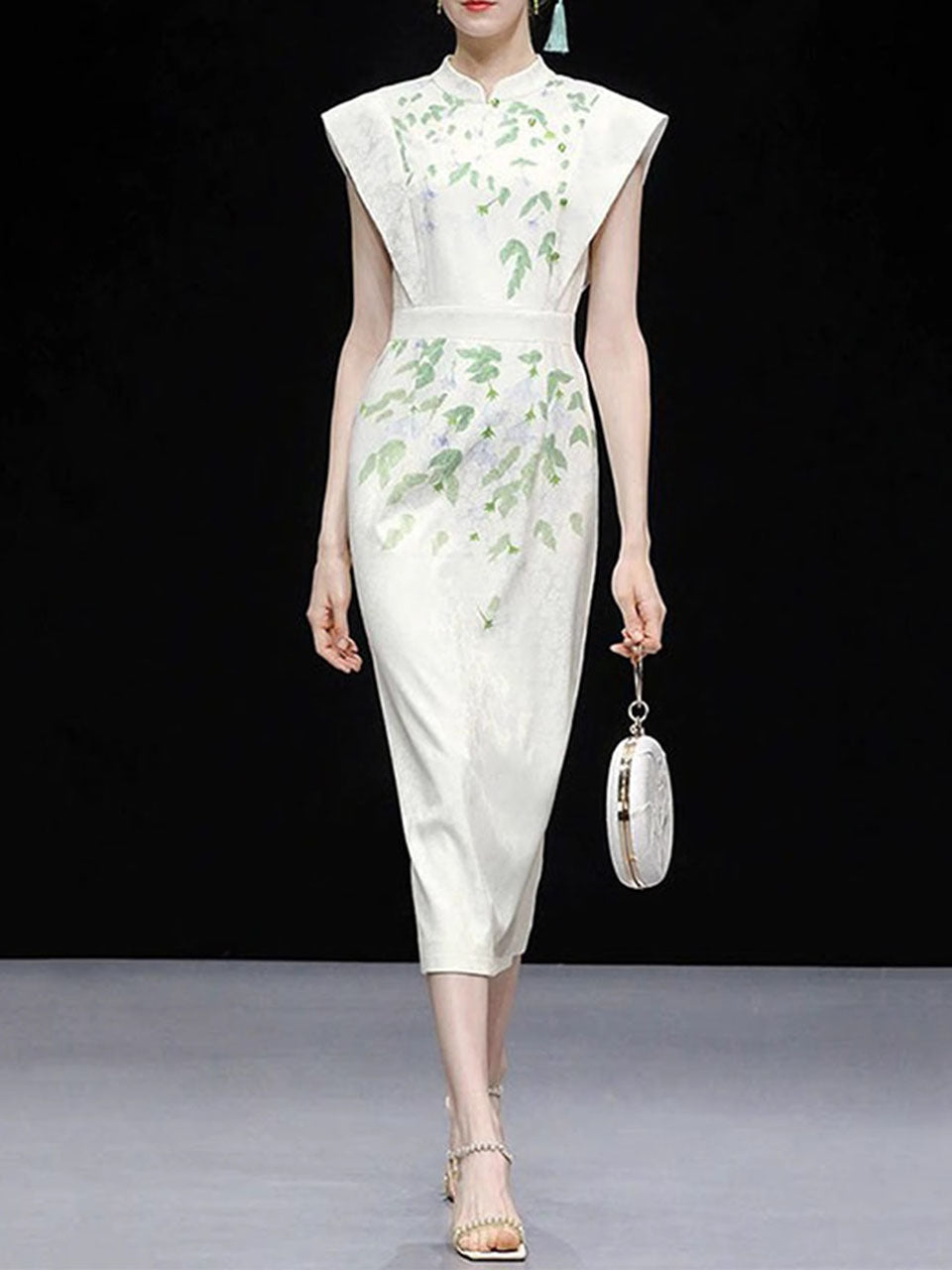 White Satin Green Leaves Flying Sleeves Print Vintage Dress