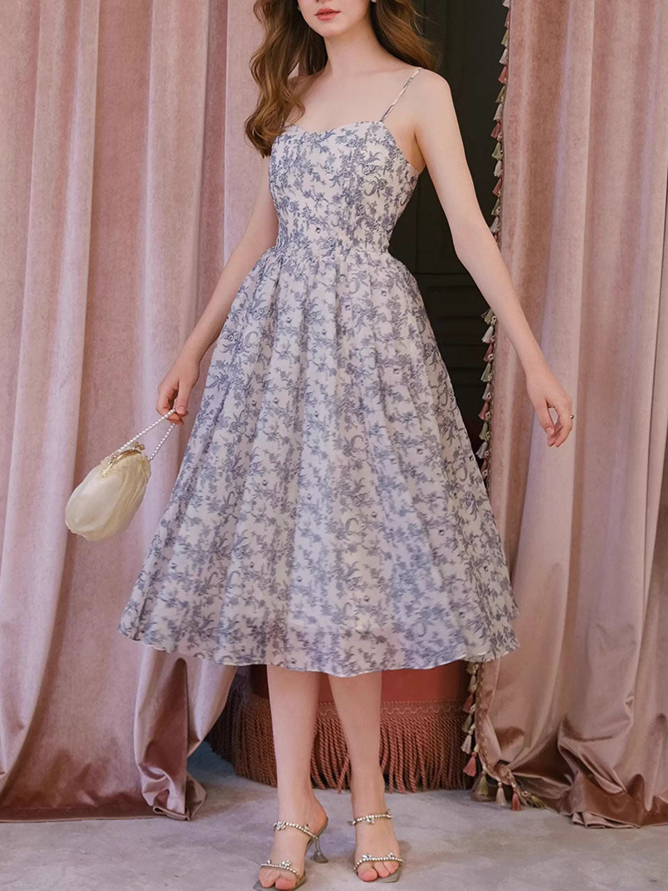 Blue Luxury Spaghetti Strap High Waist Swing Party Dress