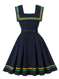 Navy Square Collar 1950s Swing Dress