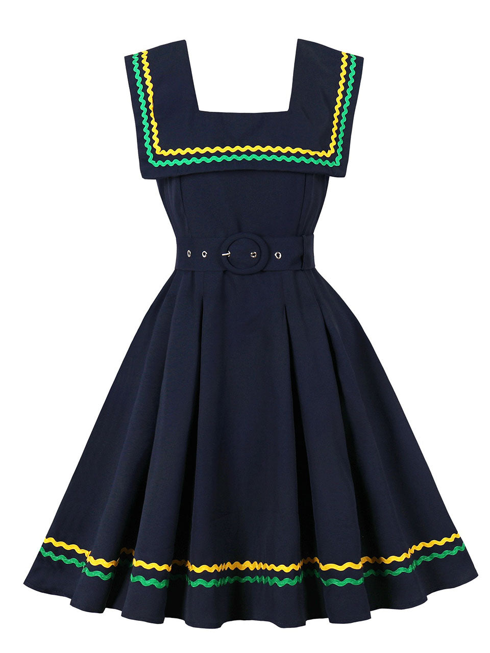 Navy Square Collar 1950s Swing Dress