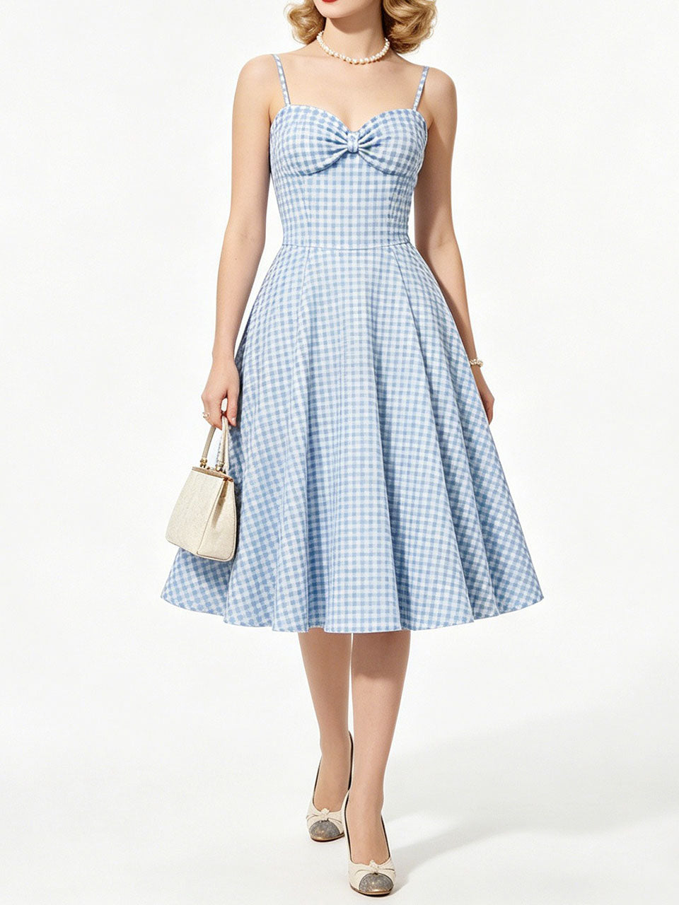 Vintage Blue Plaid Dorothy Dress, 1950s Sweetheart Neckline Retro Picnic A-Line Swing Dress